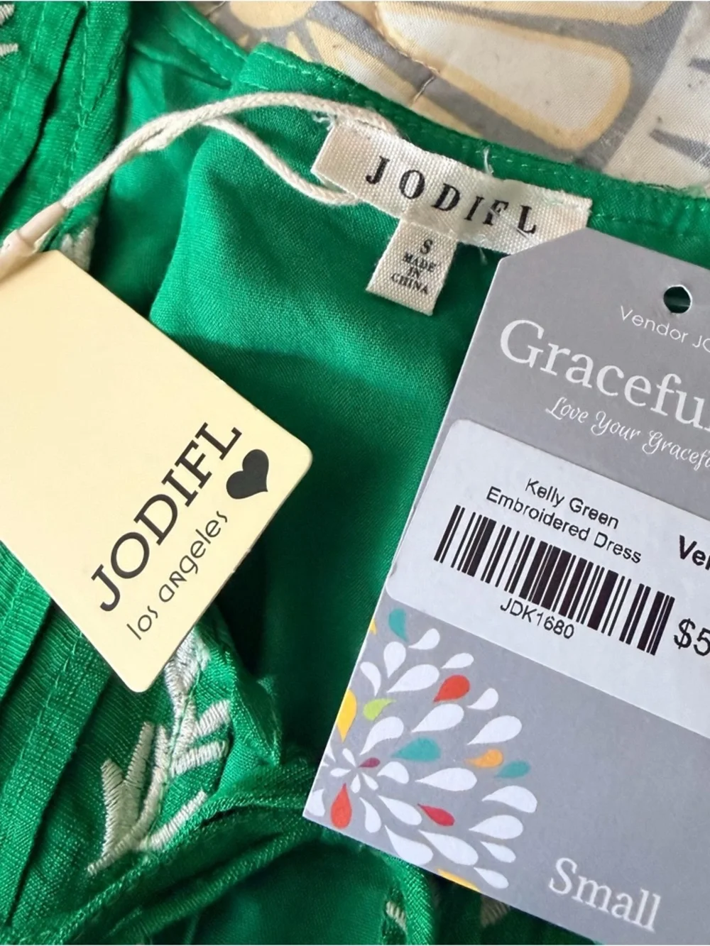 NWT Jodifl Boutique Green Embroidered Tie-Neck Mini Dress, Small - Picture 11 of 11